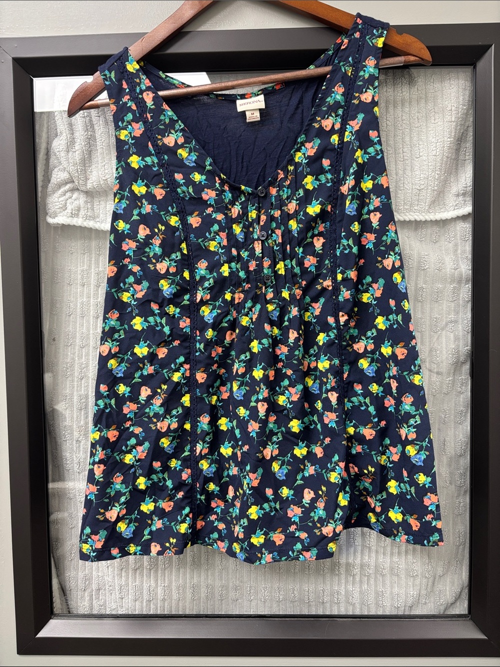 Anthropologie Navy Floral Pintuck Camisole with Coral & Lime Accents